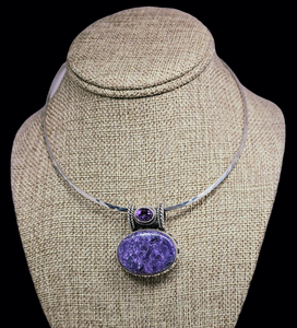 Handcrafted  Sterling Silver Pendant with Charoite and Amethyst
